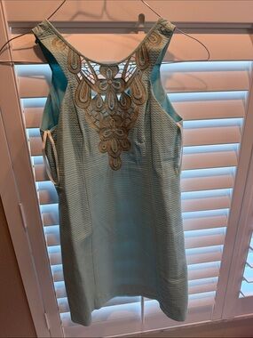 Lilly Pulitzer Light Aqua Dress with Gold Embroidered Yoke